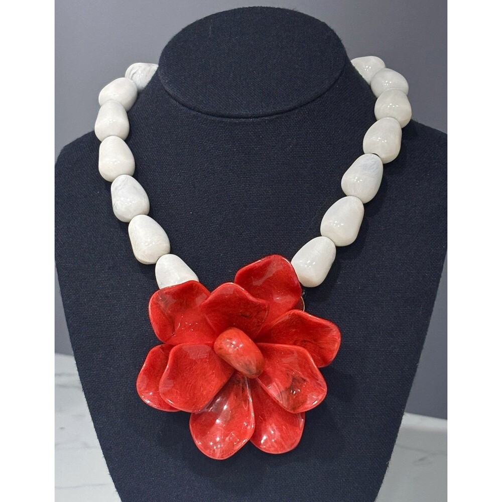 Beaded Statement Necklace Chunky Floral Red Flower 19"